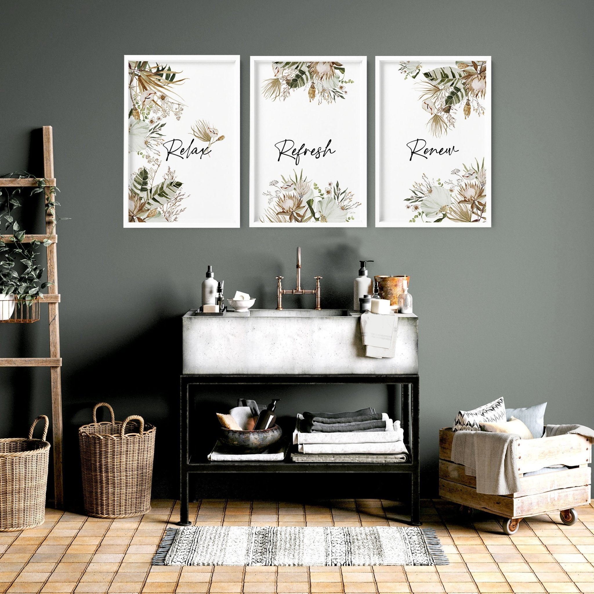 Set of 3 Bohemian botanical wall art prints for bathroom decor featuring intricate floral designs in earthy tones.