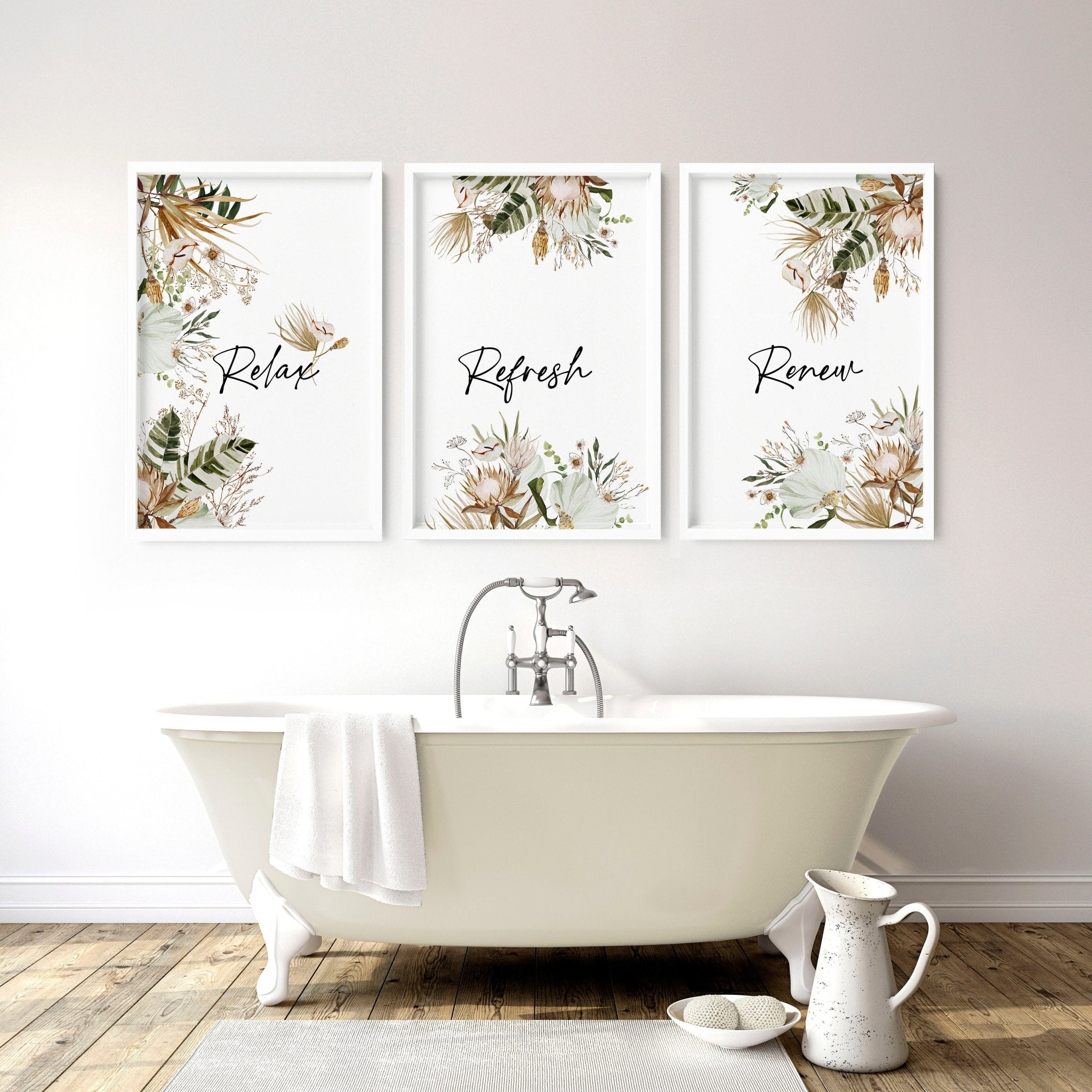 Set of 3 Bohemian botanical wall art prints for bathroom decor featuring intricate floral designs in earthy tones.