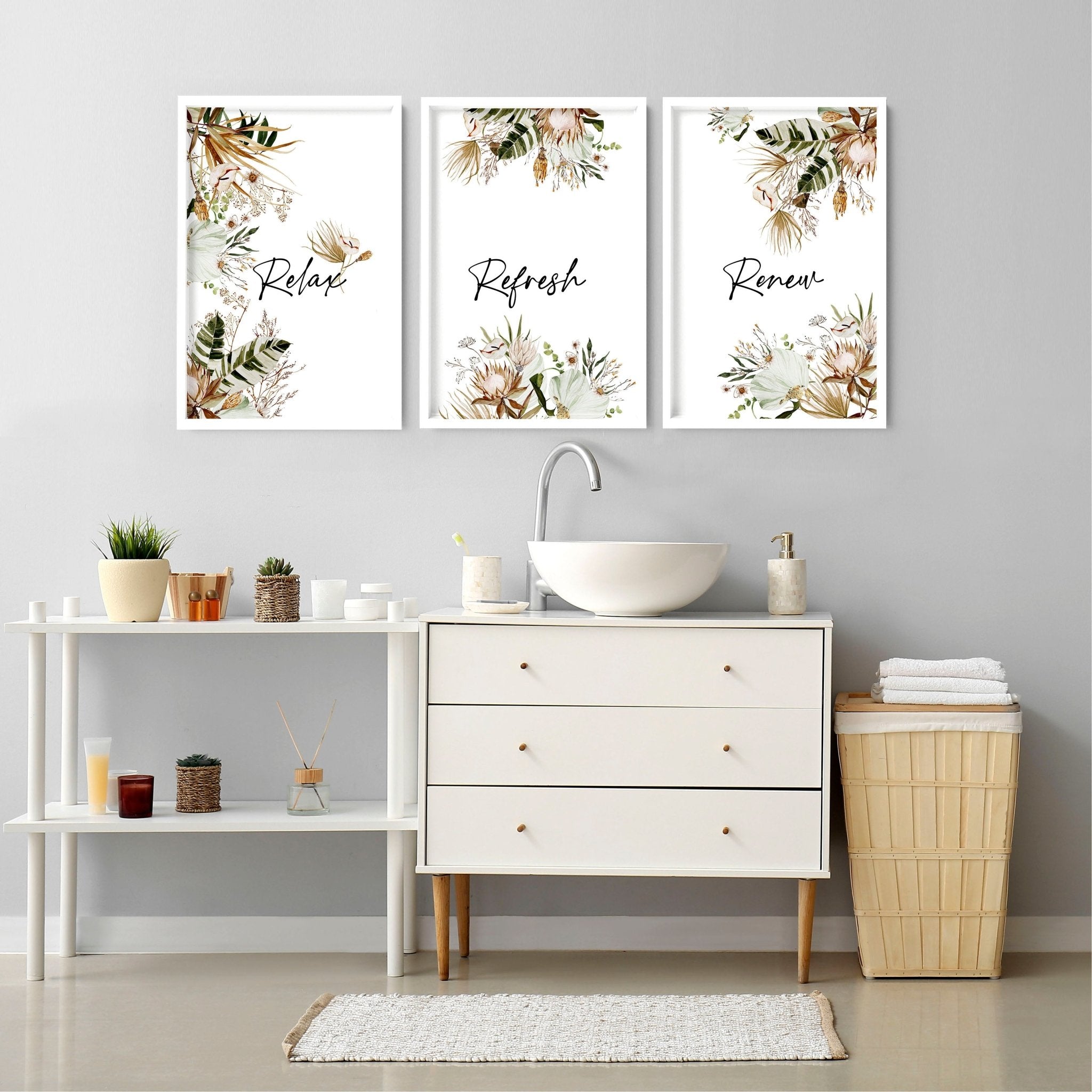 Set of 3 Bohemian botanical wall art prints for bathroom decor featuring intricate floral designs in earthy tones.