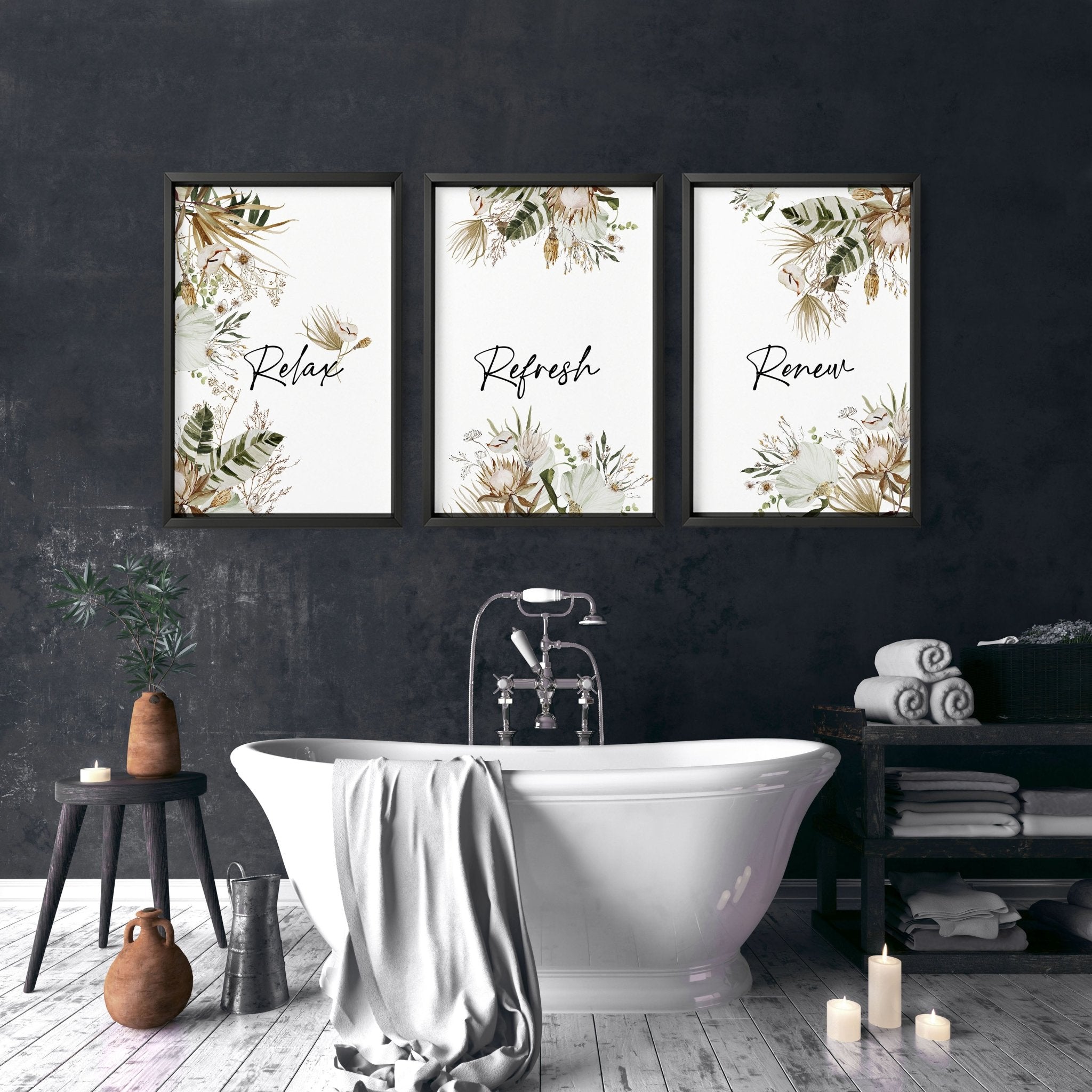 Set of 3 Bohemian botanical wall art prints for bathroom decor featuring intricate floral designs in earthy tones.