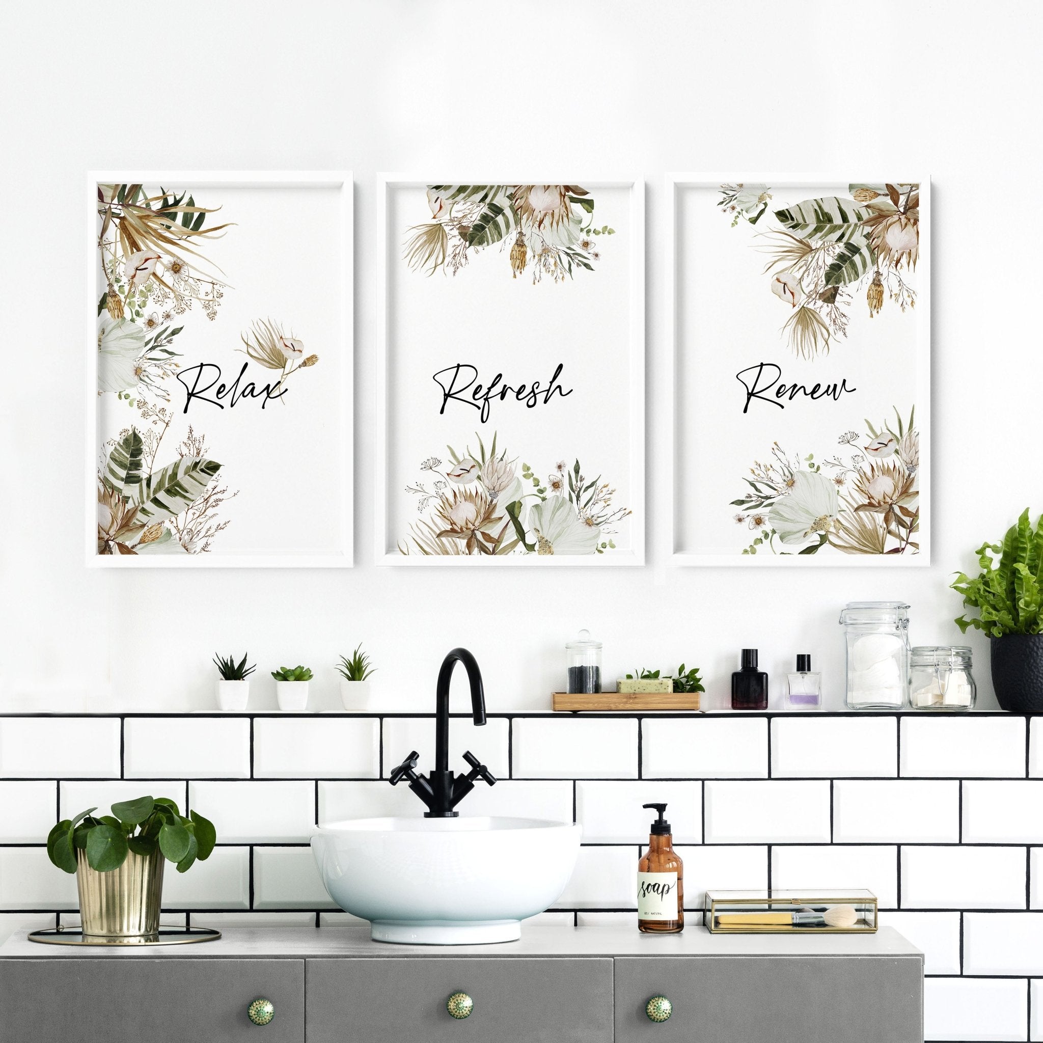 Set of 3 Bohemian botanical wall art prints for bathroom decor featuring intricate floral designs in earthy tones.