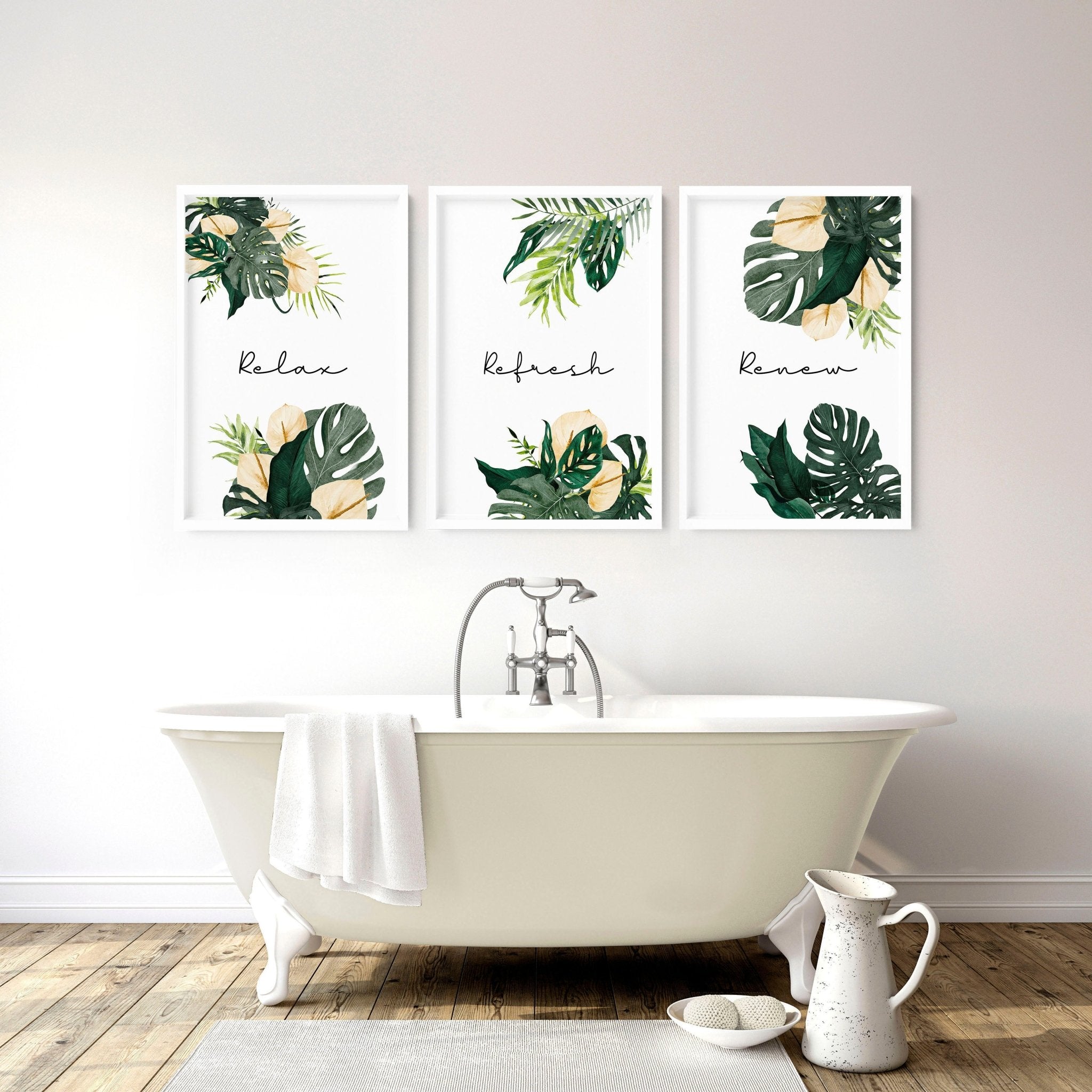 Set of 3 tropical wall art prints featuring vibrant monstera leaves and flowers with calming quotes, perfect for bathroom decor.