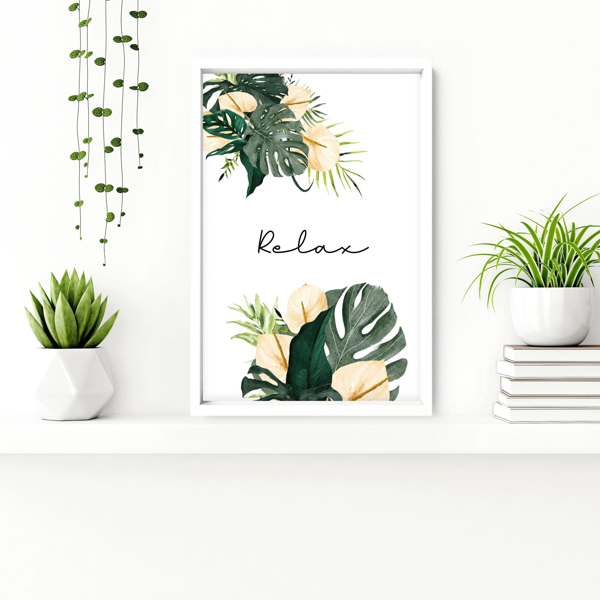 Set of 3 tropical wall art prints featuring vibrant monstera leaves and flowers with calming quotes, perfect for bathroom decor.