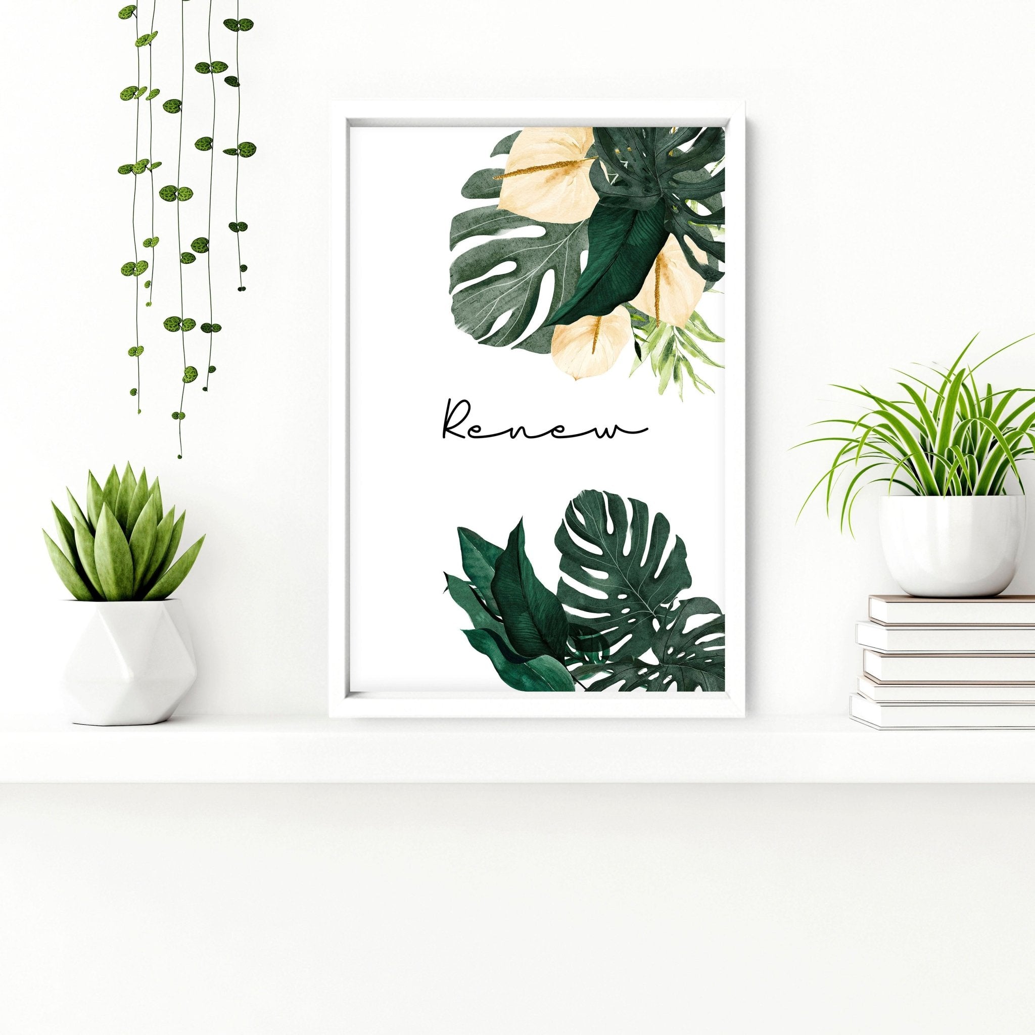 Set of 3 tropical wall art prints featuring vibrant monstera leaves and flowers with calming quotes, perfect for bathroom decor.