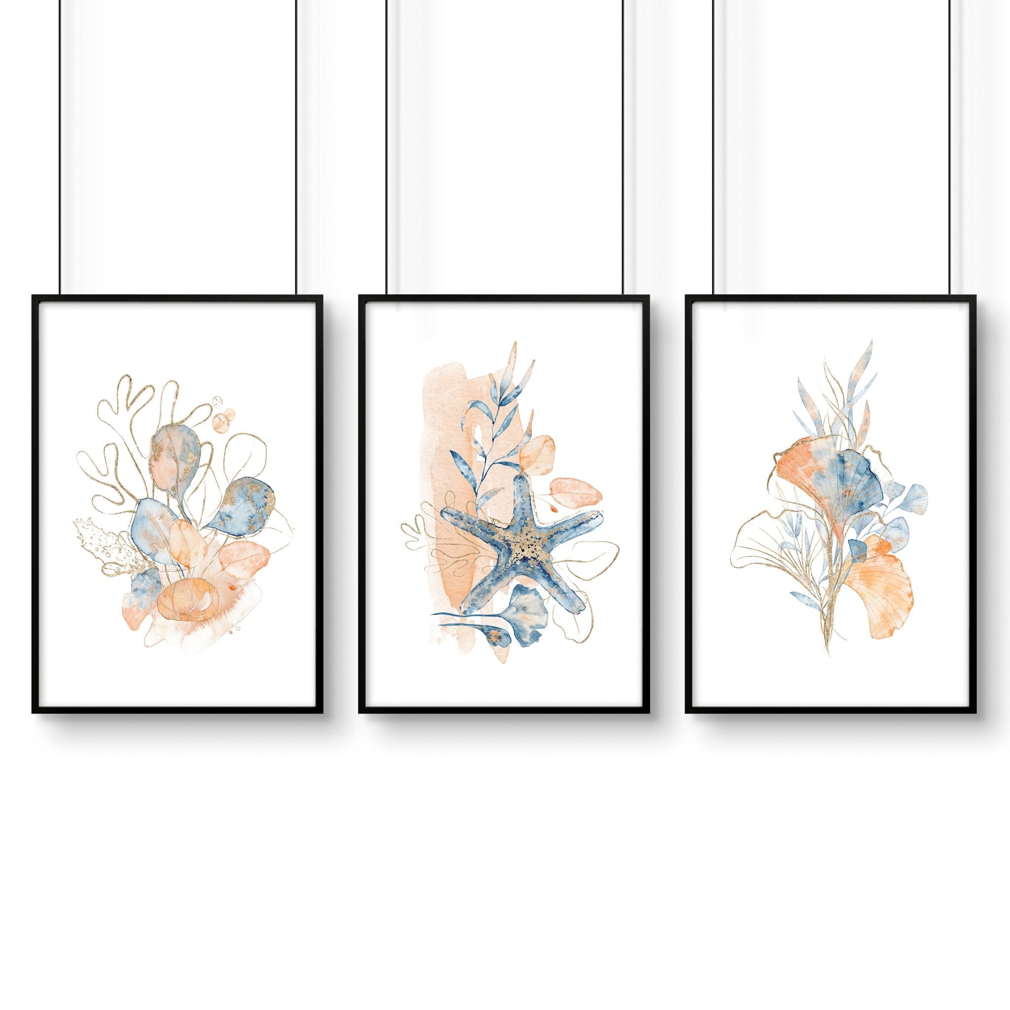 Set of 3 coastal-themed wall art prints featuring muted tones of blue, blush pink, and red, designed for bathroom decor.