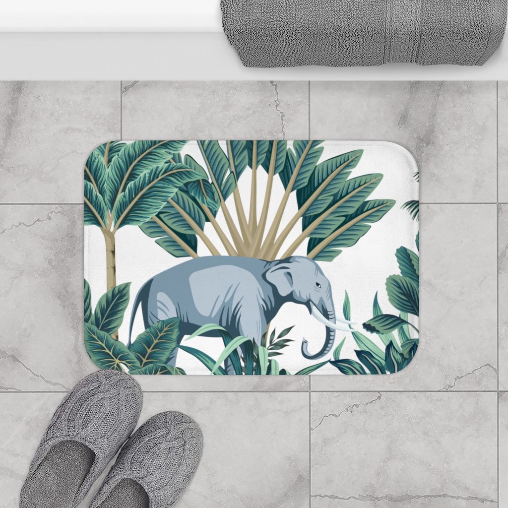 Auspicious Elephant in The Wild Bath Mat featuring a stylish elephant design with anti-slip backing, perfect for bathroom decor.