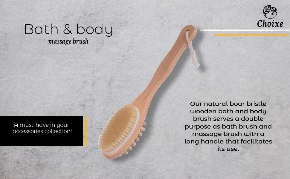 Eco-friendly Bath Body Massage Brush with long wooden handle and boar bristles, perfect for dry brushing and massage.