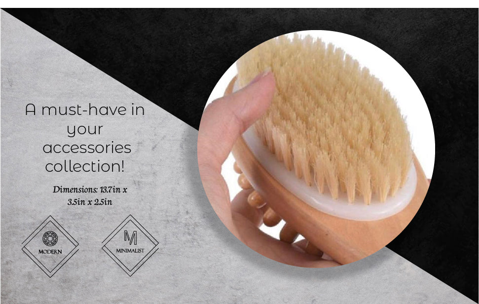 Eco-friendly Bath Body Massage Brush with long wooden handle and boar bristles, perfect for dry brushing and massage.