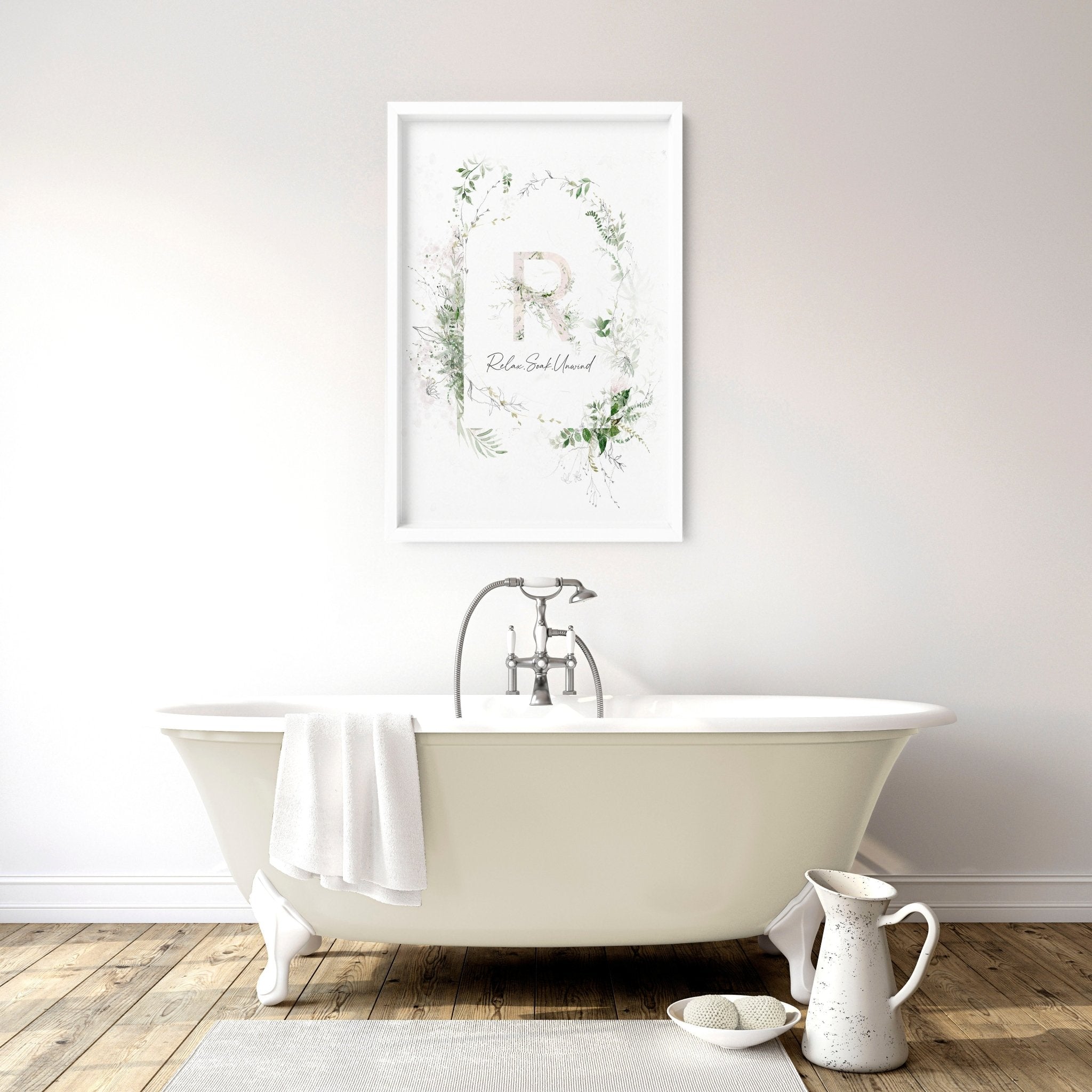 Charming Shabby Chic Botanical wall art print featuring 'Relax, Soak, Unwind' sentiments in soothing colors.