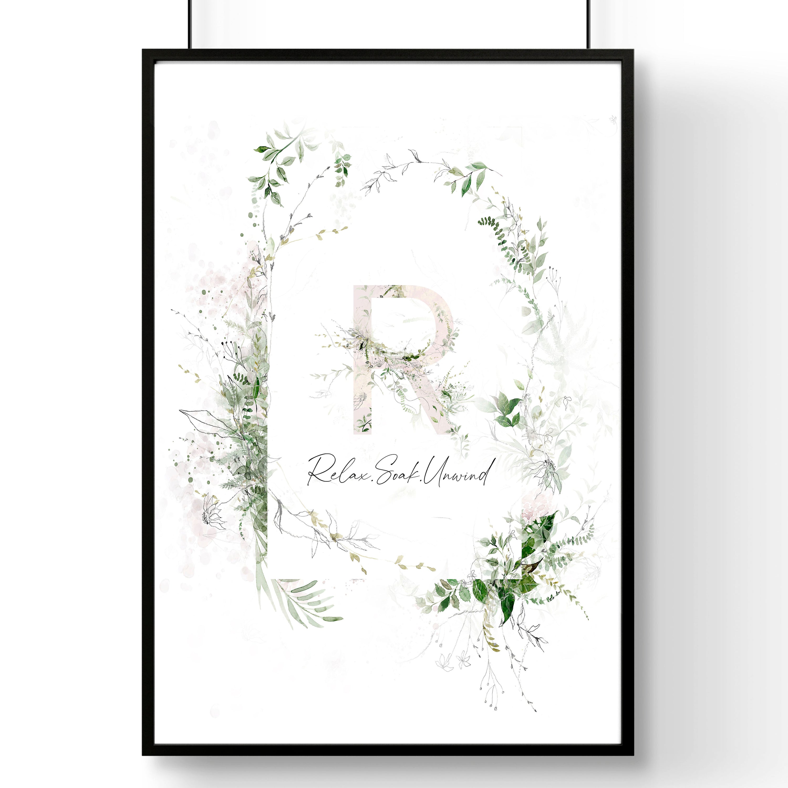 Charming Shabby Chic Botanical wall art print featuring 'Relax, Soak, Unwind' sentiments in soothing colors.