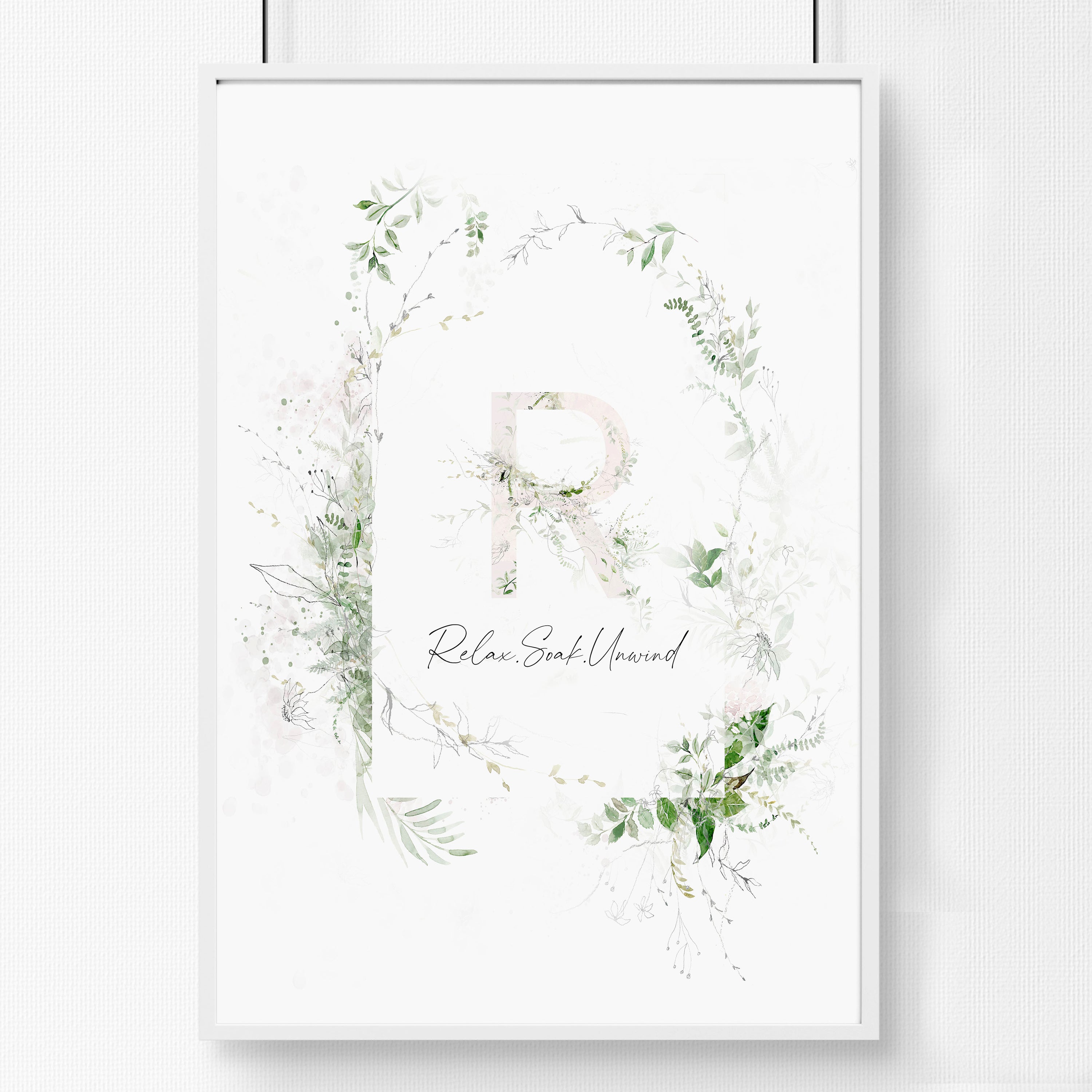 Charming Shabby Chic Botanical wall art print featuring 'Relax, Soak, Unwind' sentiments in soothing colors.