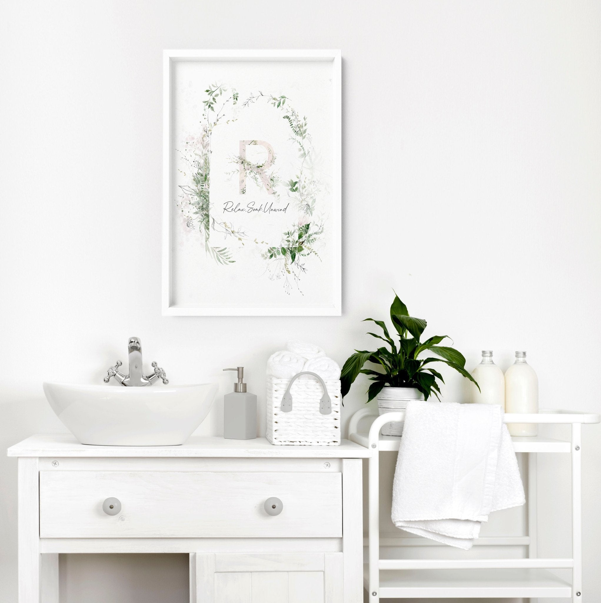 Charming Shabby Chic Botanical wall art print featuring 'Relax, Soak, Unwind' sentiments in soothing colors.