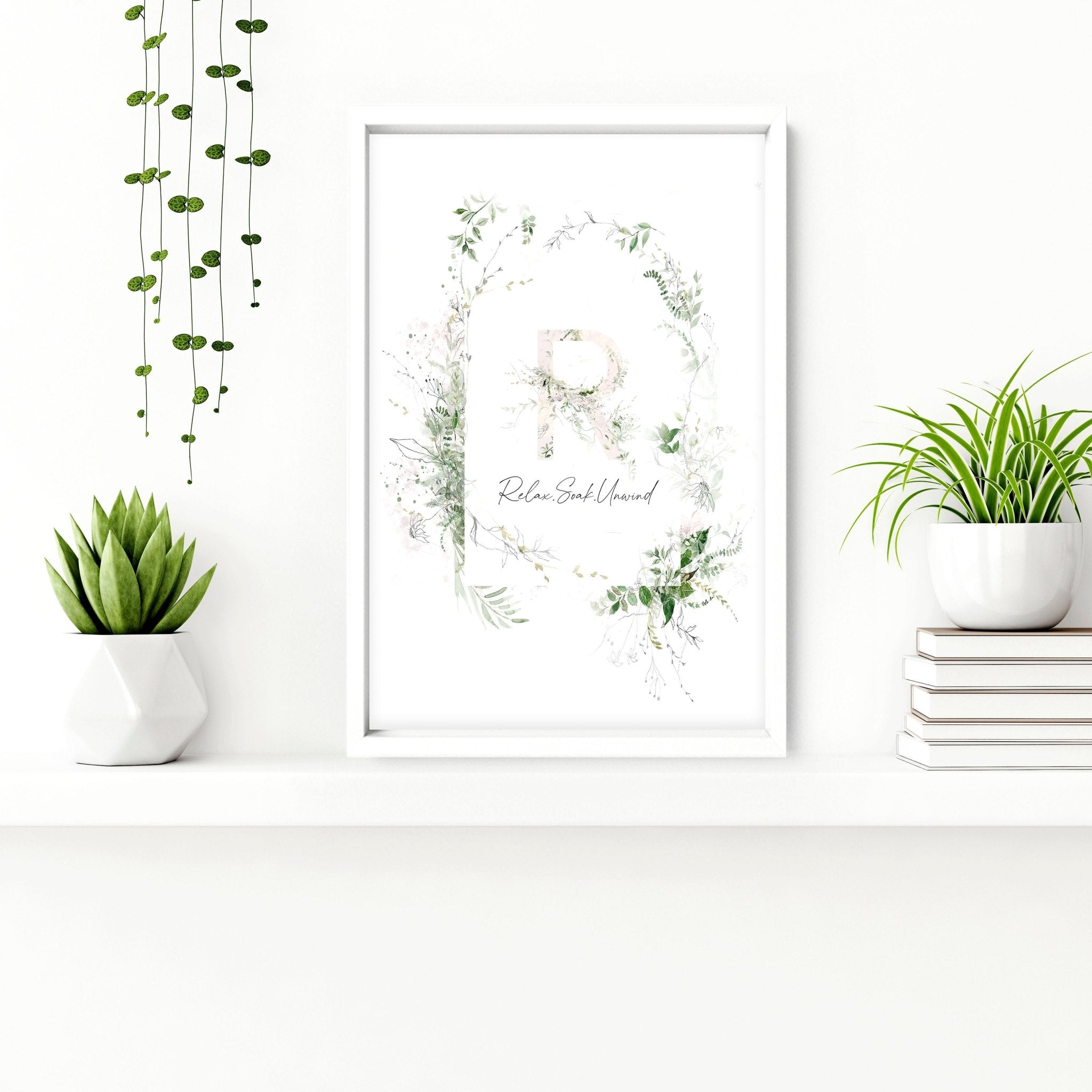 Charming Shabby Chic Botanical wall art print featuring 'Relax, Soak, Unwind' sentiments in soothing colors.