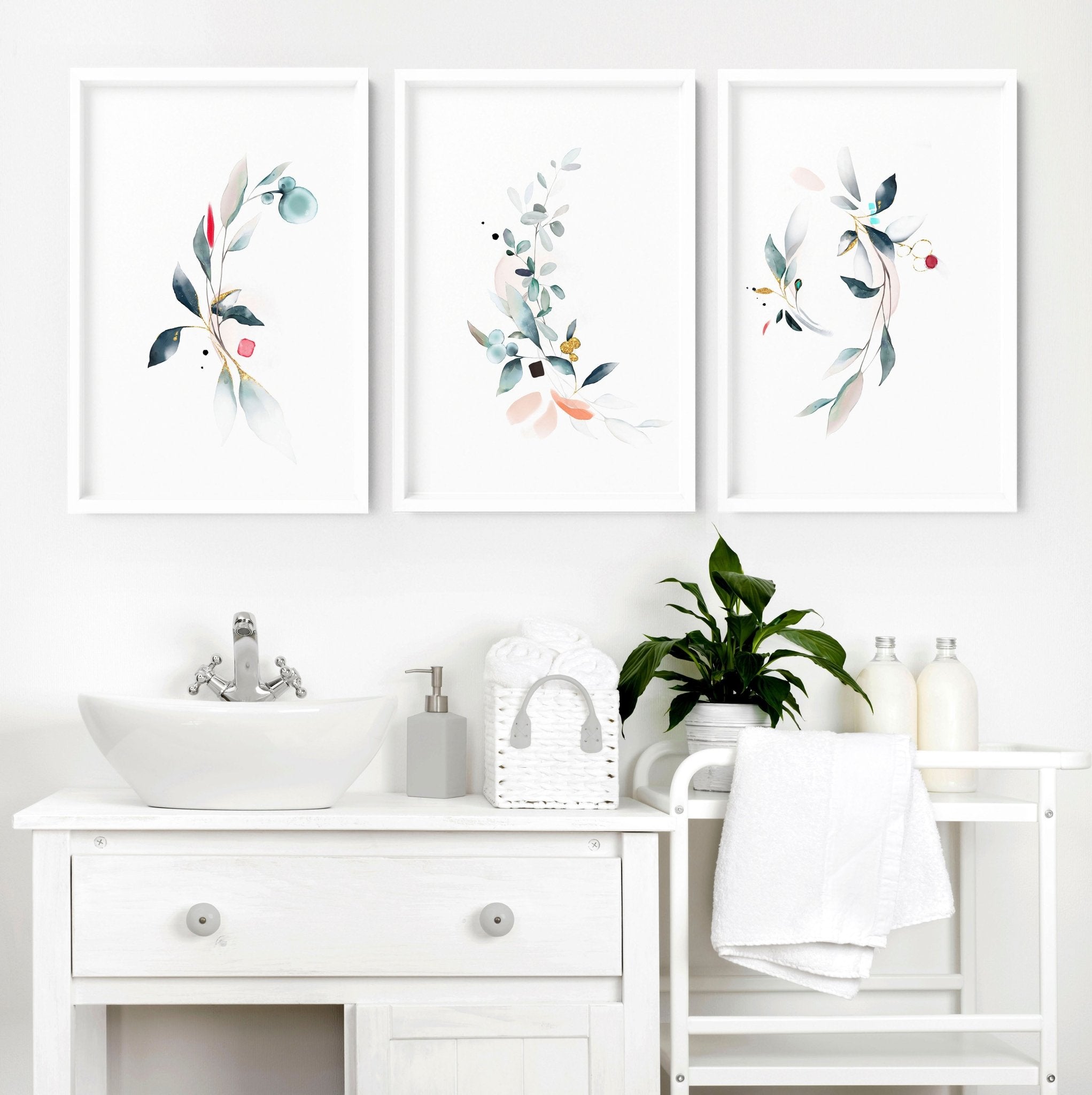 Set of 3 botanical art prints featuring watercolor designs in aquamarine and coral, perfect for bathroom wall decor.