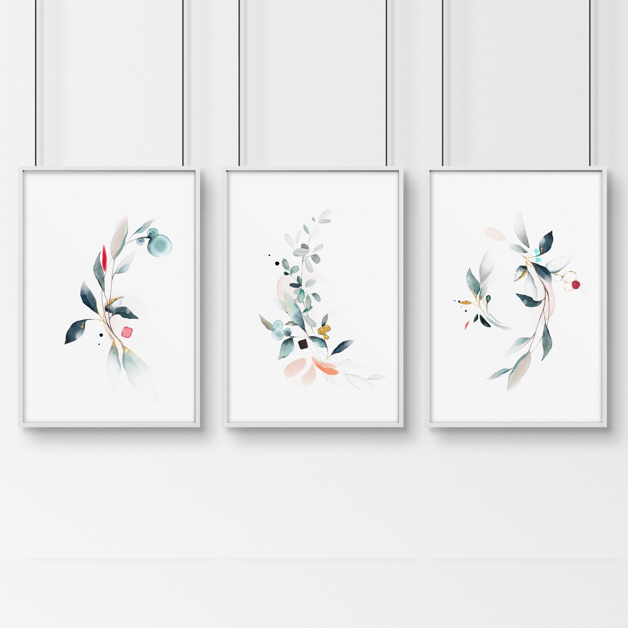 Set of 3 botanical art prints featuring watercolor designs in aquamarine and coral, perfect for bathroom wall decor.