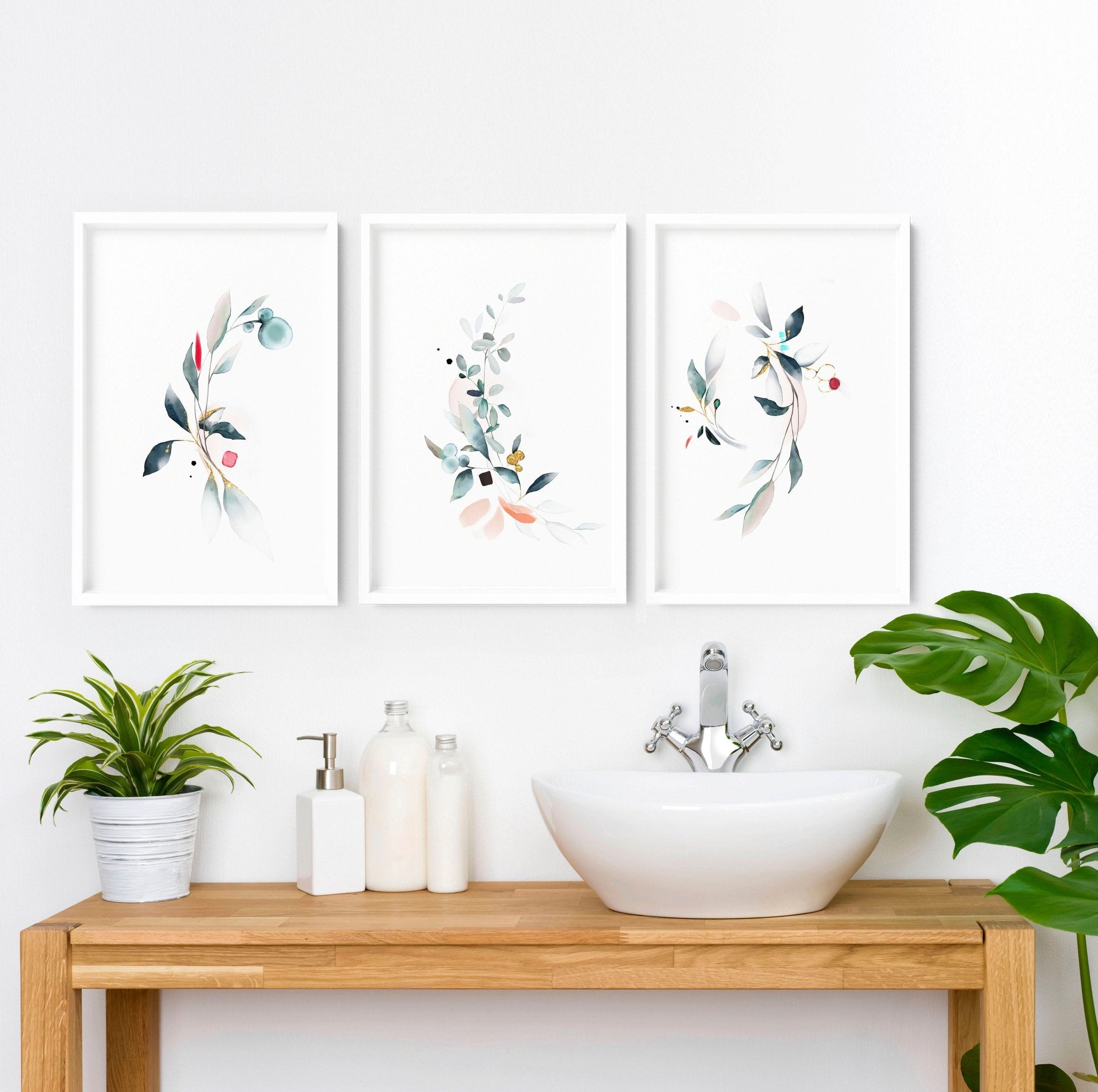 Set of 3 botanical art prints featuring watercolor designs in aquamarine and coral, perfect for bathroom wall decor.