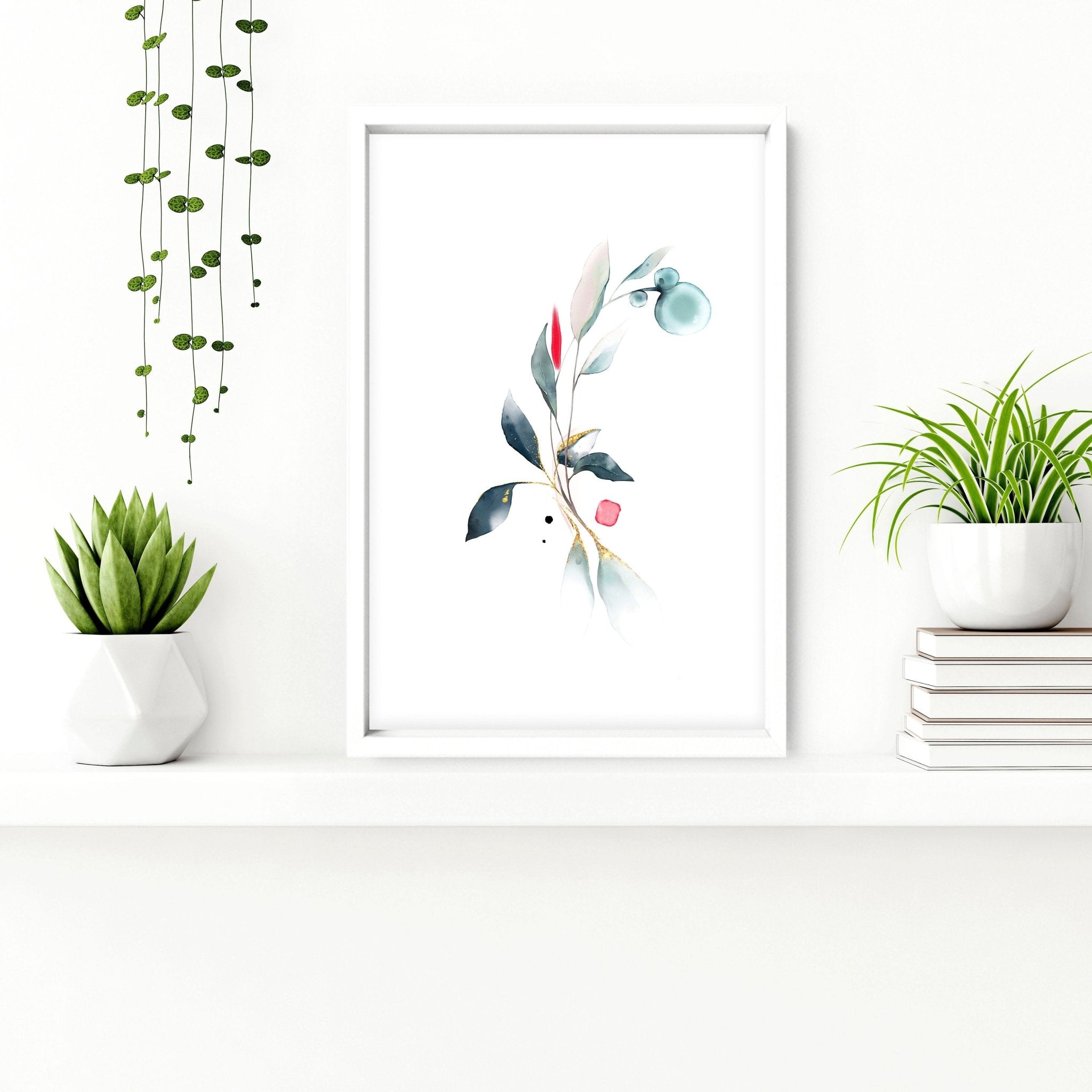 Set of 3 botanical art prints featuring watercolor designs in aquamarine and coral, perfect for bathroom wall decor.