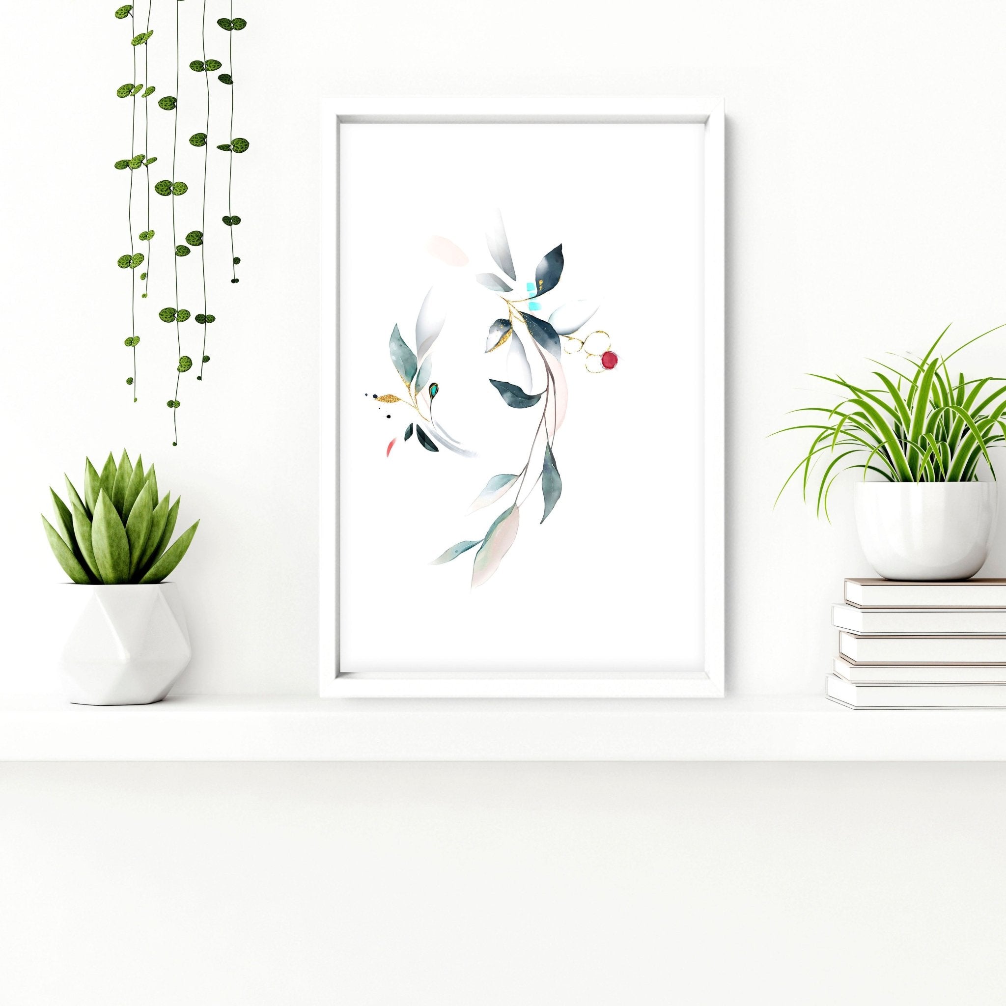 Set of 3 botanical art prints featuring watercolor designs in aquamarine and coral, perfect for bathroom wall decor.