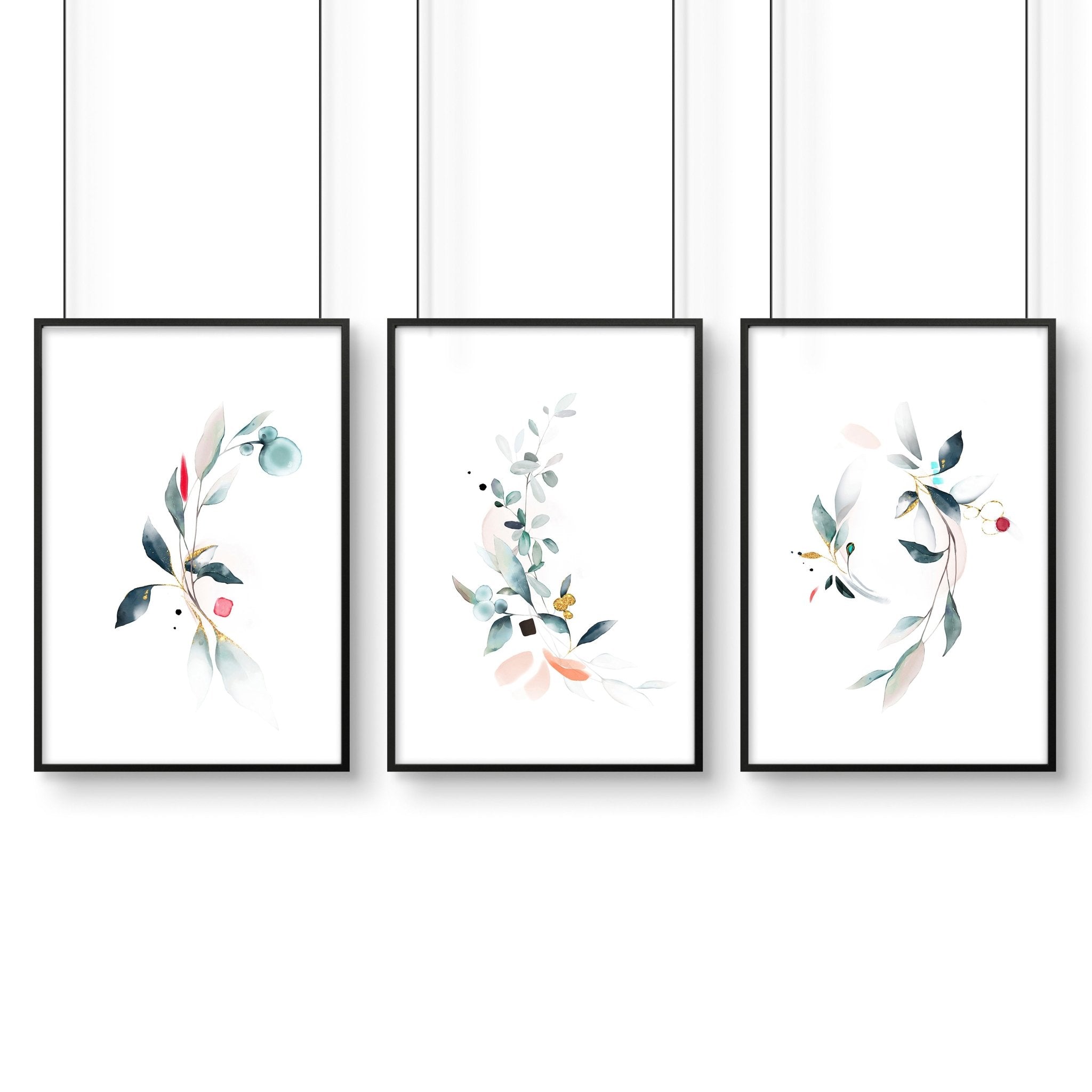 Set of 3 botanical art prints featuring watercolor designs in aquamarine and coral, perfect for bathroom wall decor.