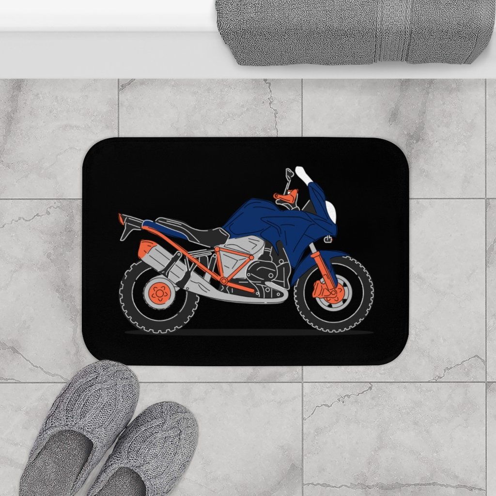 Blue Motorcycle Bath Mat featuring a vibrant motorcycle design with anti-slip backing for safety and comfort.