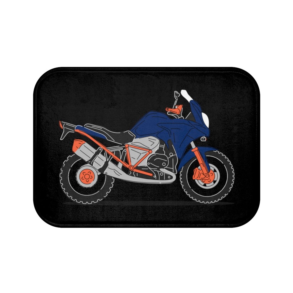 Blue Motorcycle Bath Mat featuring a vibrant motorcycle design with anti-slip backing for safety and comfort.