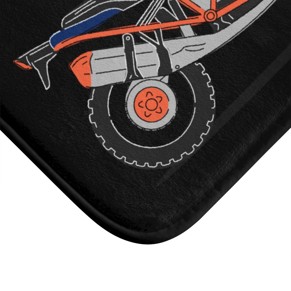 Blue Motorcycle Bath Mat featuring a vibrant motorcycle design with anti-slip backing for safety and comfort.