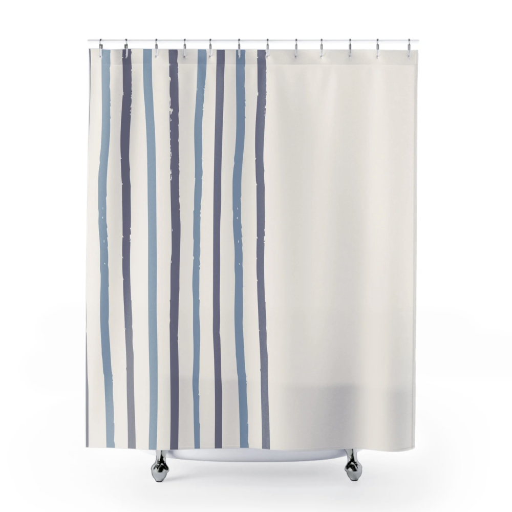 Blue Striped Shower Curtain made of high-quality polyester, featuring a modern striped design, perfect for enhancing bathroom decor.