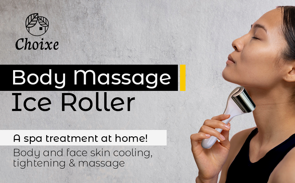 Body Massage Ice Roller made of stainless steel, designed for cooling and tightening skin, featuring a sleek white design.