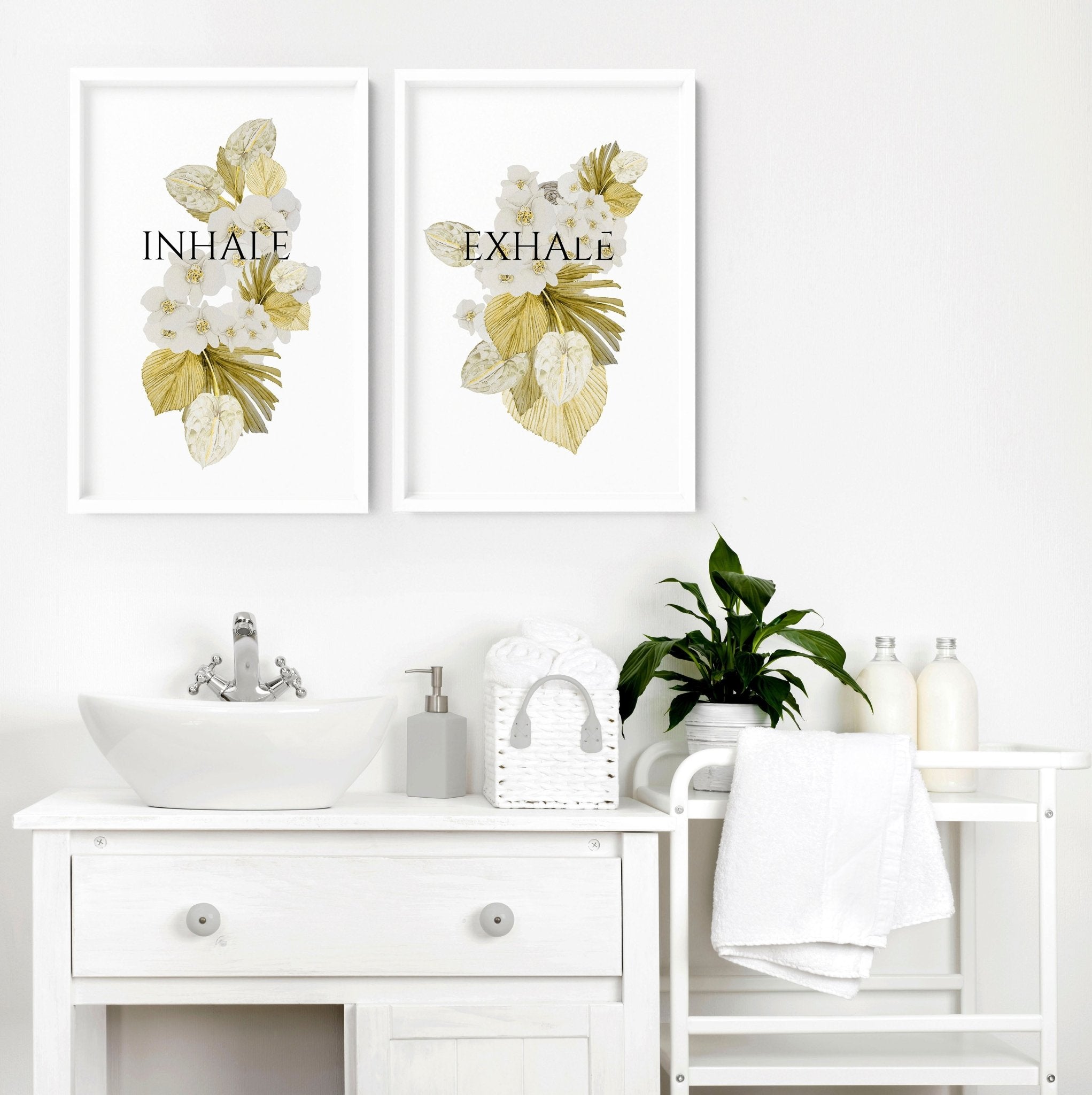 Set of 2 Boho bathroom wall art prints featuring watercolor botanical illustrations in muted lime green, perfect for elegant home decor.