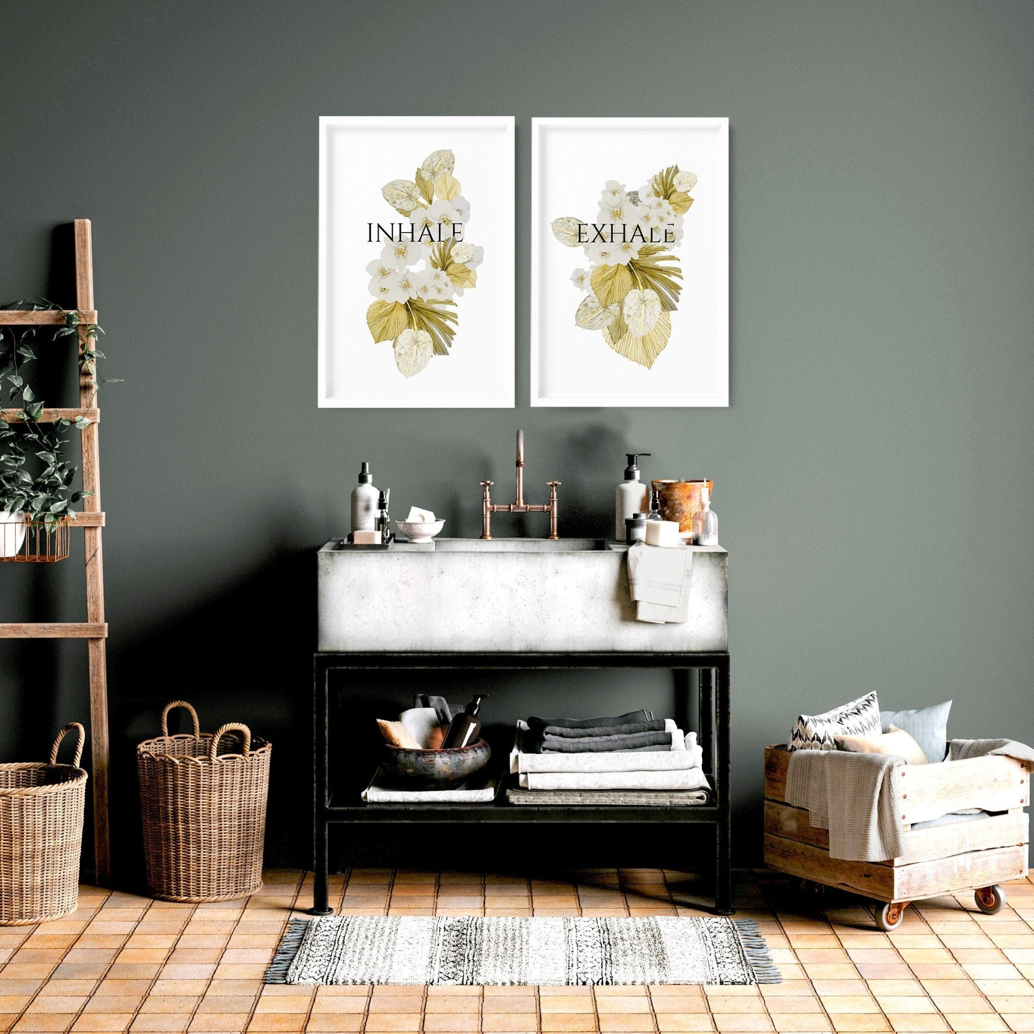 Set of 2 Boho bathroom wall art prints featuring watercolor botanical illustrations in muted lime green, perfect for elegant home decor.