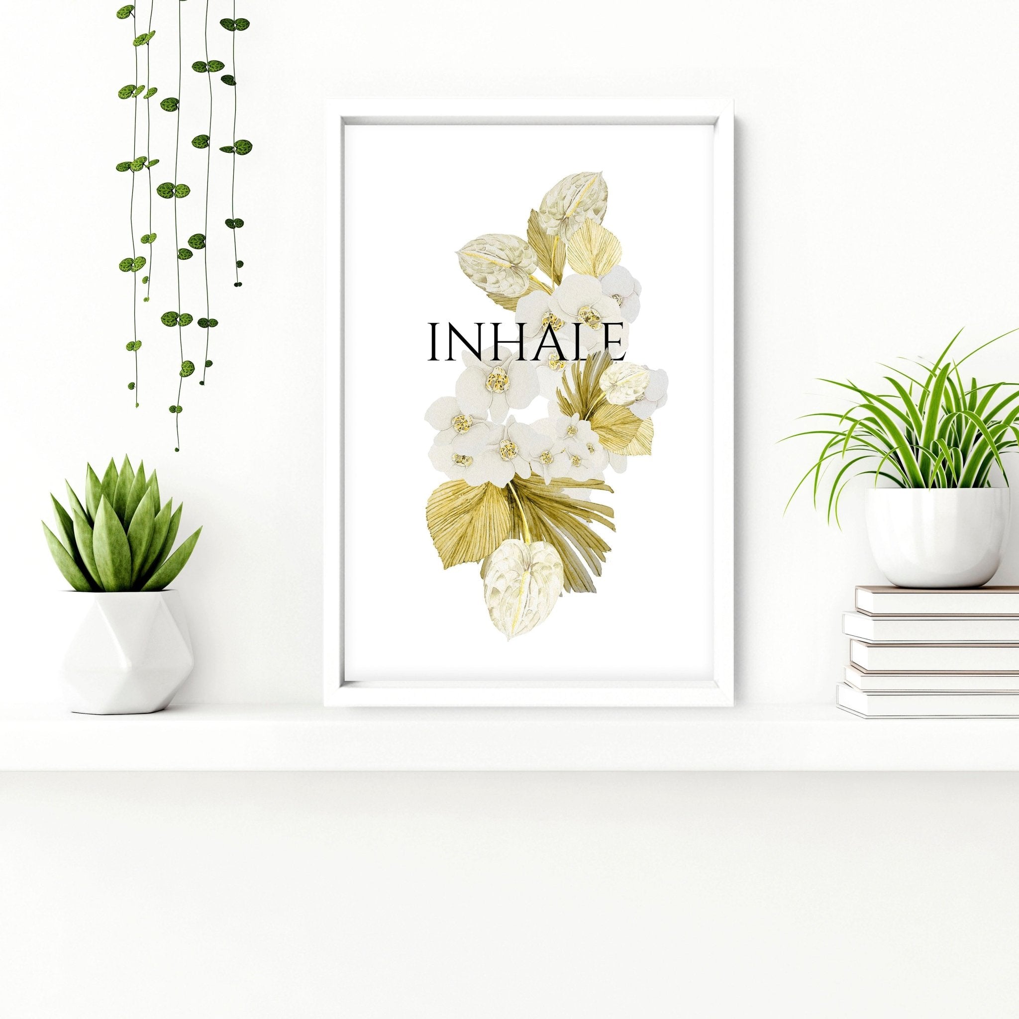 Set of 2 Boho bathroom wall art prints featuring watercolor botanical illustrations in muted lime green, perfect for elegant home decor.