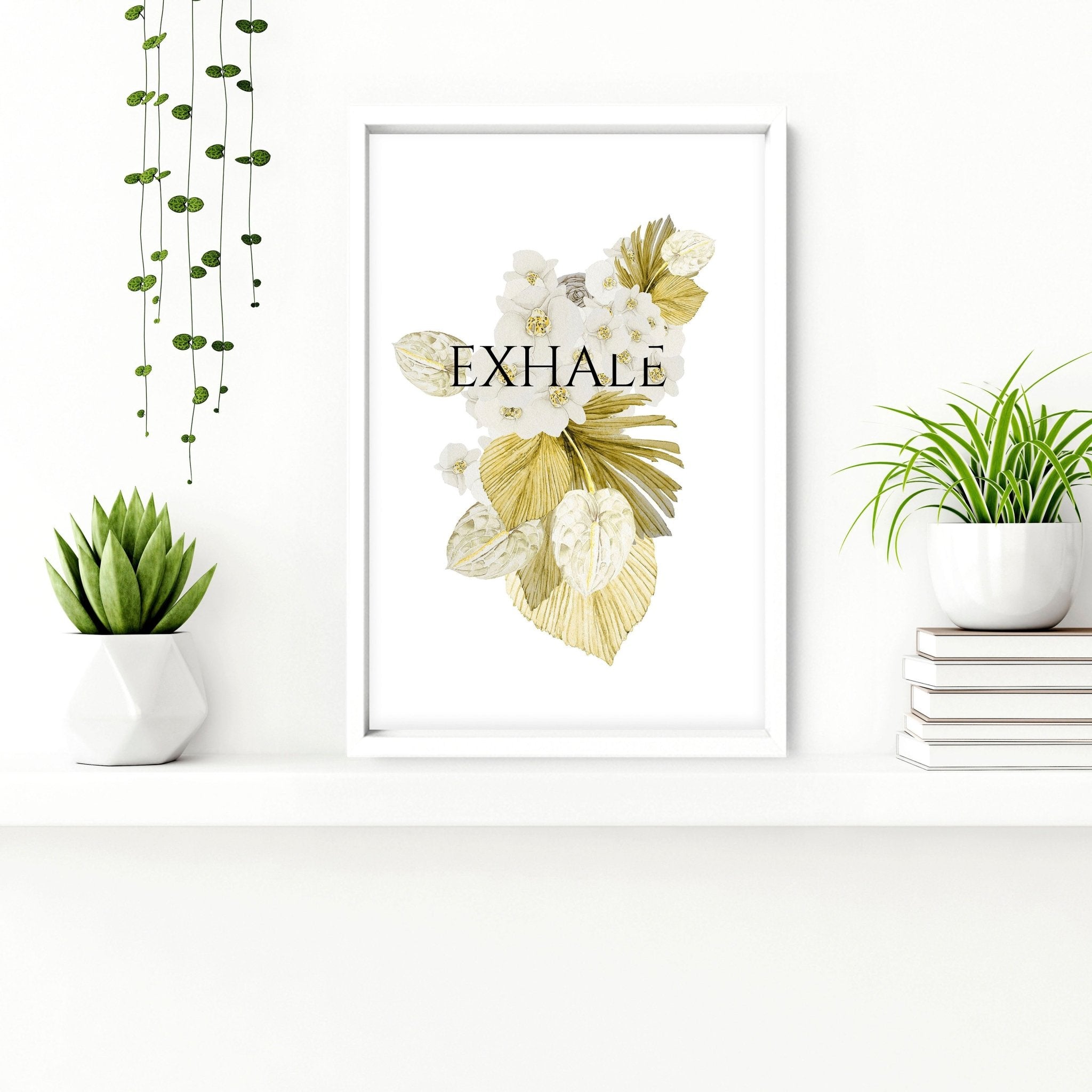 Set of 2 Boho bathroom wall art prints featuring watercolor botanical illustrations in muted lime green, perfect for elegant home decor.