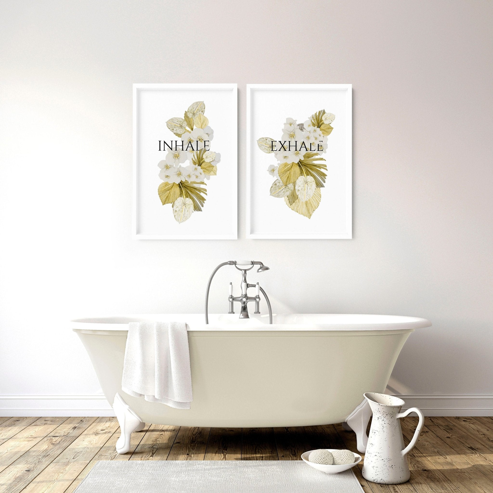 Set of 2 Boho bathroom wall art prints featuring watercolor botanical illustrations in muted lime green, perfect for elegant home decor.