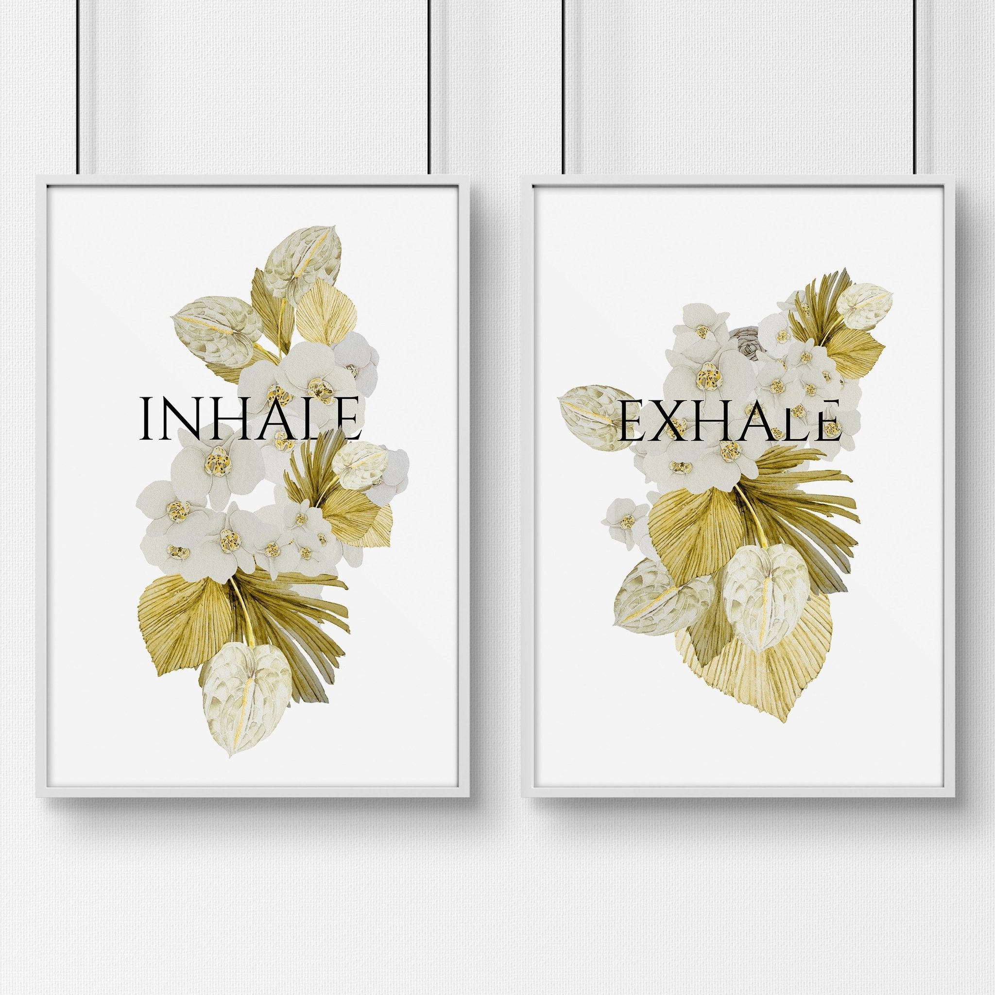 Set of 2 Boho bathroom wall art prints featuring watercolor botanical illustrations in muted lime green, perfect for elegant home decor.