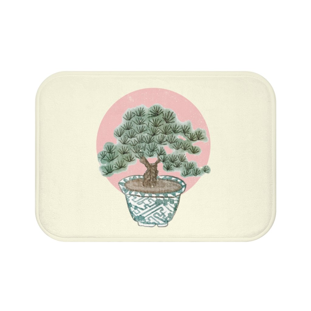 Bonsai Tree Bath Mat featuring a serene bonsai design, anti-slip backing, and plush microfiber material, measuring 24" x 17".