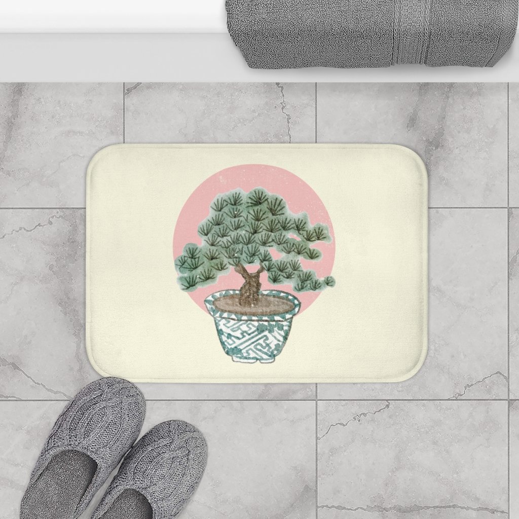 Bonsai Tree Bath Mat featuring a serene bonsai design, anti-slip backing, and plush microfiber material, measuring 24" x 17".