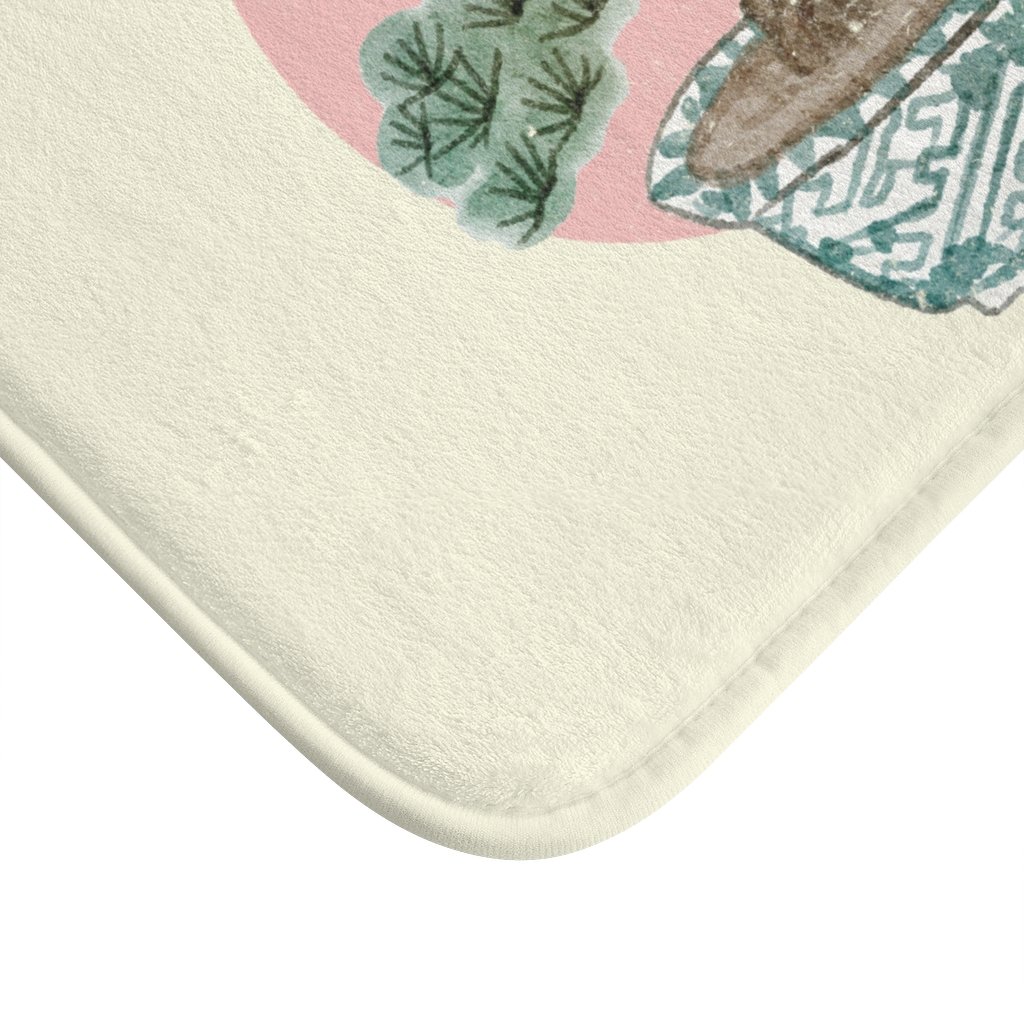 Bonsai Tree Bath Mat featuring a serene bonsai design, anti-slip backing, and plush microfiber material, measuring 24" x 17".