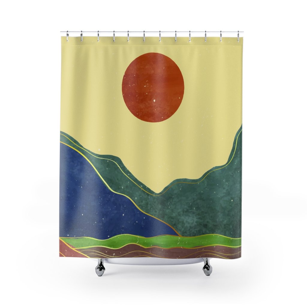 California Sun Shower Curtain featuring a vibrant sun design, made from 100% polyester, perfect for adding personality to your bathroom.