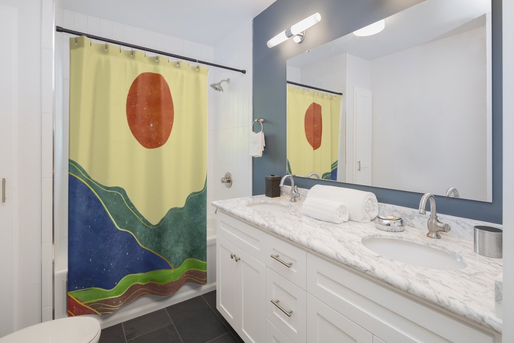 California Sun Shower Curtain featuring a vibrant sun design, made from 100% polyester, perfect for adding personality to your bathroom.