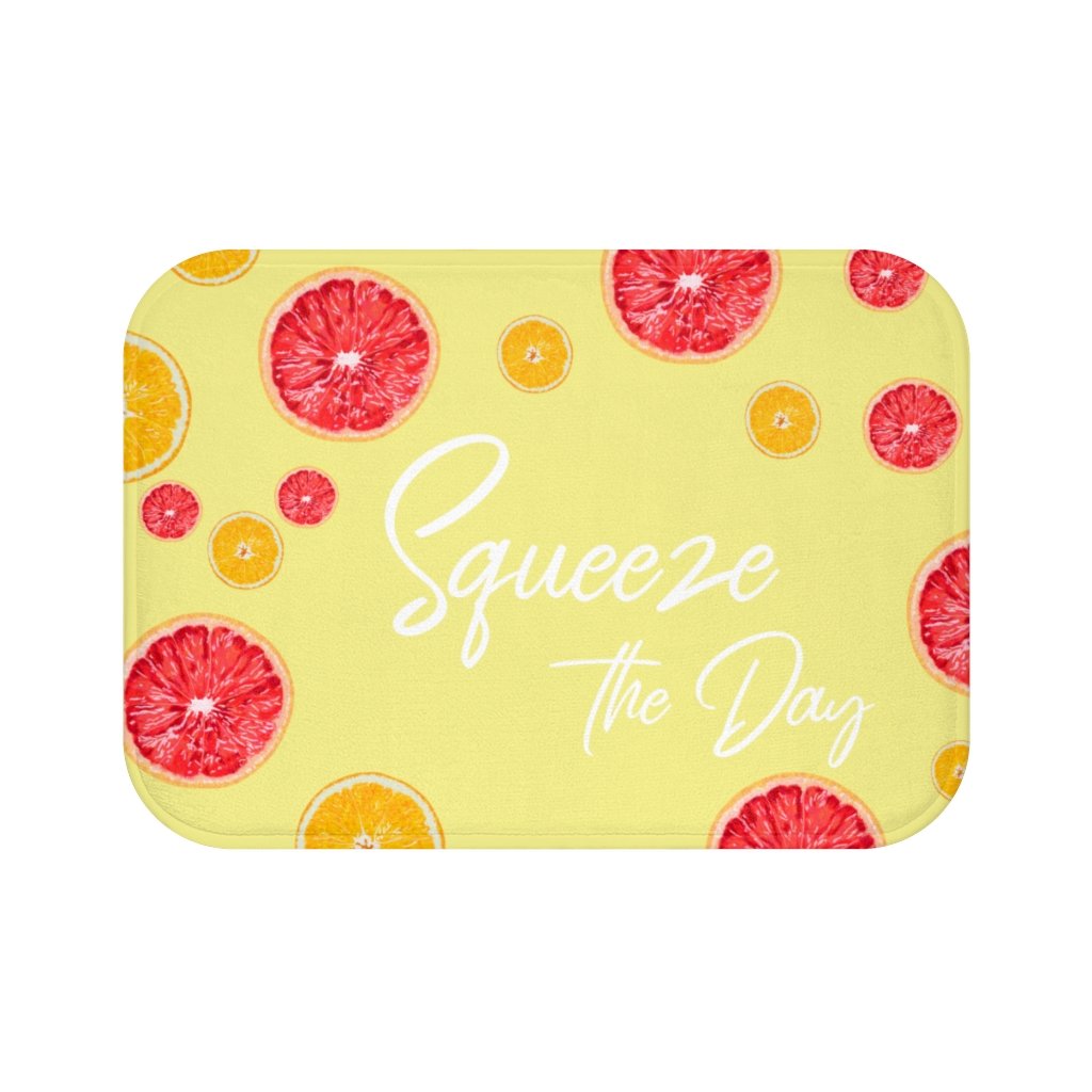 Citrus Squeeze the Day Bath Mat featuring a vibrant citrus design with anti-slip backing, perfect for bathroom safety and style.