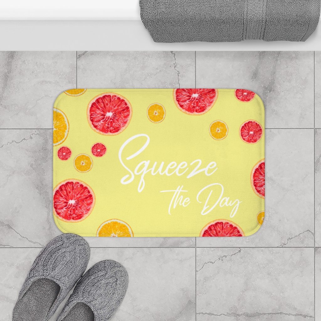 Citrus Squeeze the Day Bath Mat featuring a vibrant citrus design with anti-slip backing, perfect for bathroom safety and style.