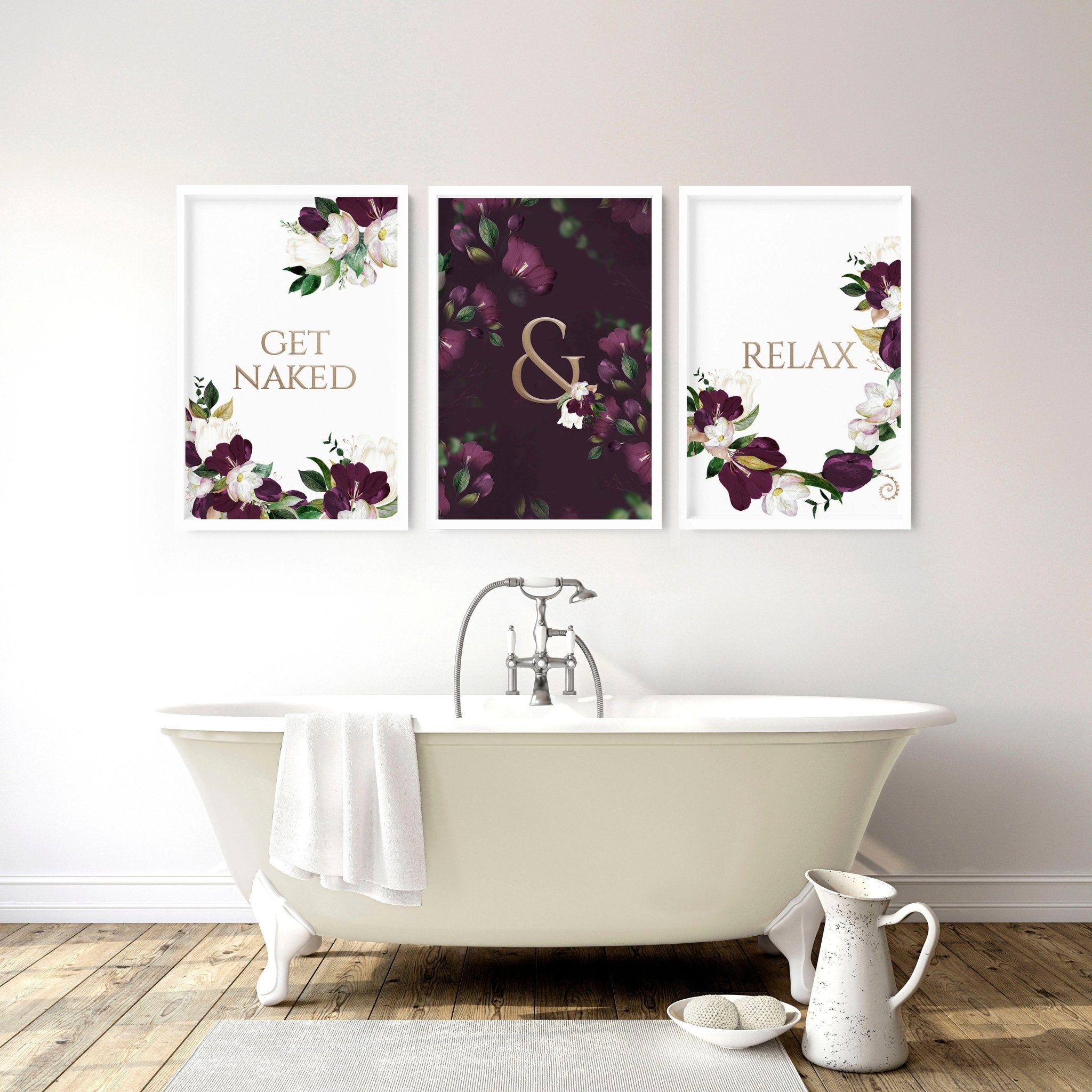 Set of 3 elegant framed bathroom wall art prints featuring intricate Golden Floral designs in burgundy and gold.