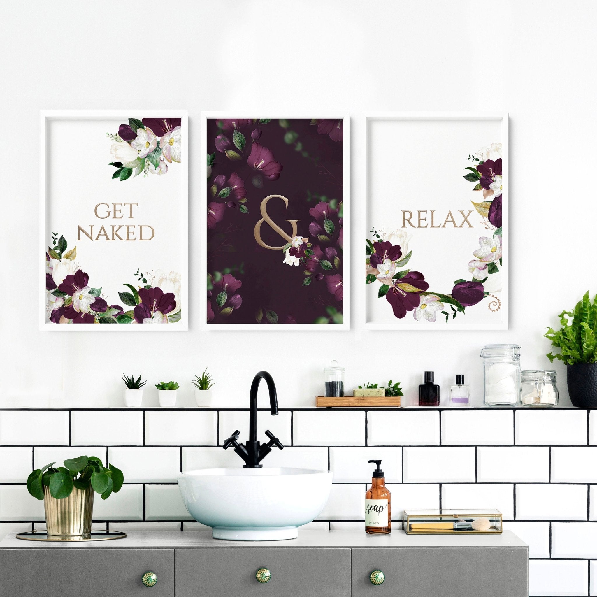 Set of 3 elegant framed bathroom wall art prints featuring intricate Golden Floral designs in burgundy and gold.