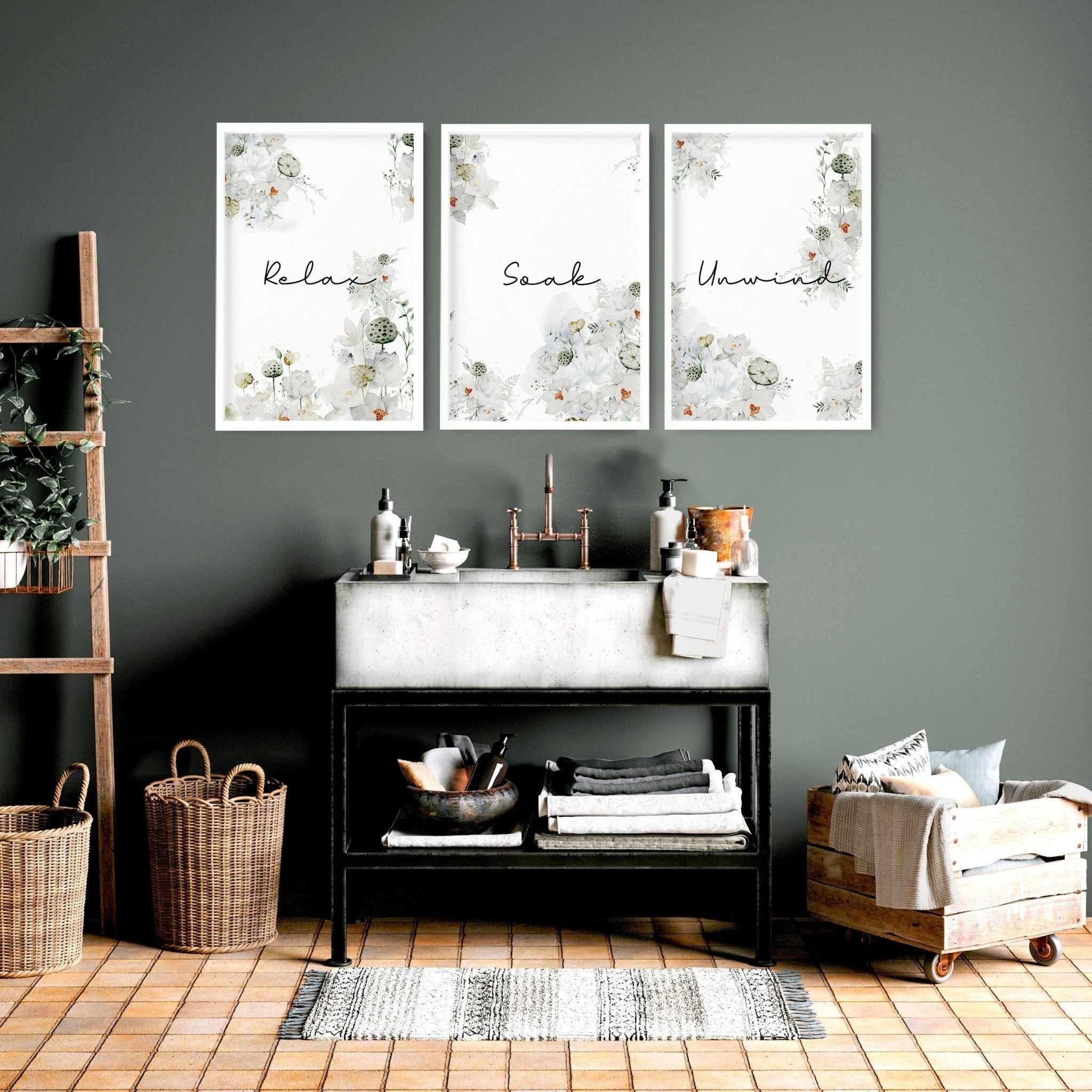 Set of 3 country-style wall art prints for bathroom decor featuring smooth grey and muted green colors.