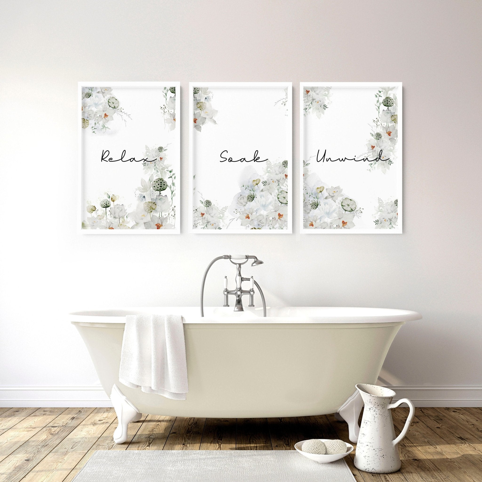 Set of 3 country-style wall art prints for bathroom decor featuring smooth grey and muted green colors.