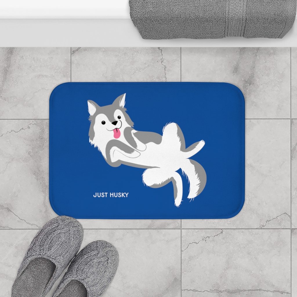 Cute Husky Blue Bath Mat featuring a playful husky design, made of soft microfiber with anti-slip backing for safety.