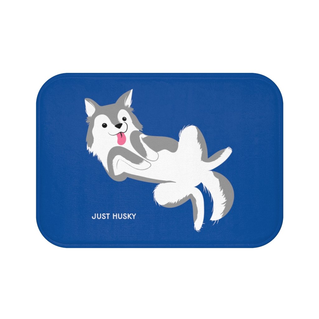 Cute Husky Blue Bath Mat featuring a playful husky design, made of soft microfiber with anti-slip backing for safety.