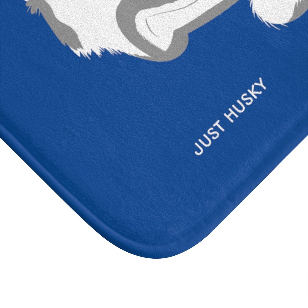 Cute Husky Blue Bath Mat featuring a playful husky design, made of soft microfiber with anti-slip backing for safety.