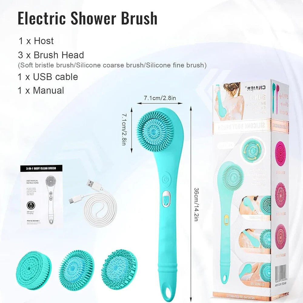 Electric Body Brush Rechargeable Scrubber Shower Brush with long handle and three cleaning heads, designed for effective skin exfoliation and massage.