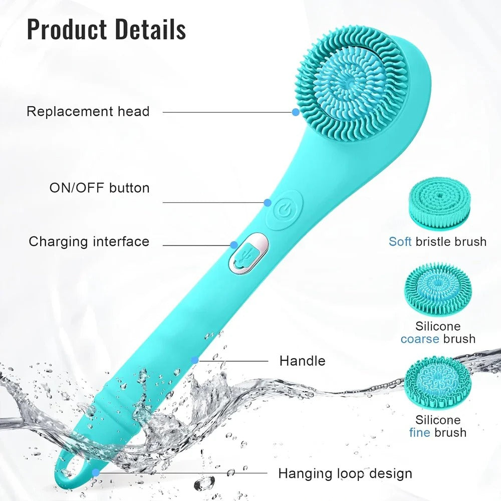 Electric Body Brush Rechargeable Scrubber Shower Brush with long handle and three cleaning heads, designed for effective skin exfoliation and massage.